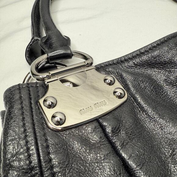 Miu Miu Designer Black Glaze Nappa Leather Silver Tone Satin Hobo Shopper Tote - Picture 3 of 13